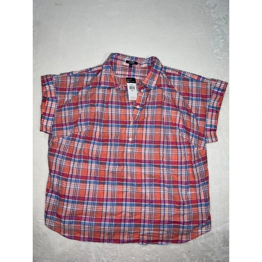 Chaps Plaid Button Up Shirt Women Plus Size 2X Orange Pink Blue‎ Casual